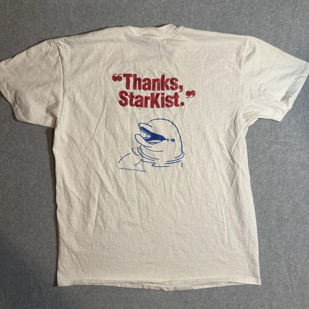 Mens Vintage StarKist T Shirt XL White 90s Single Stitched Starkist Dolphin safe